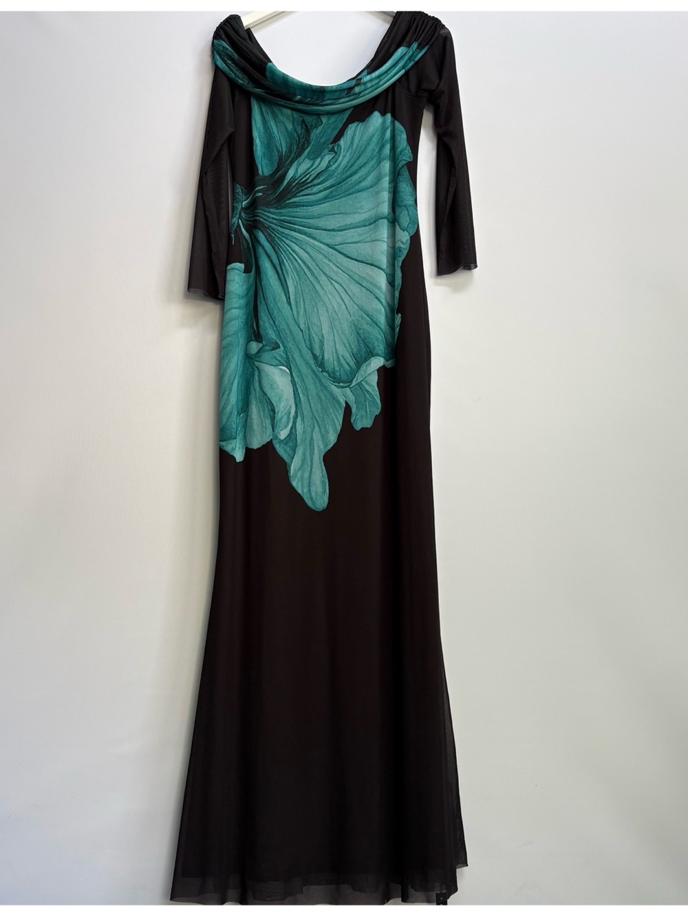 NWT Anthropologie AFRM Long-Sleeve Off-The-Shoulder Teal Flower Mesh Maxi Dress - Picture 11 of 12